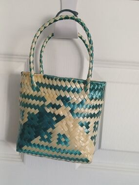Hand Crafted  Mini Teal and Cream Woven Tote